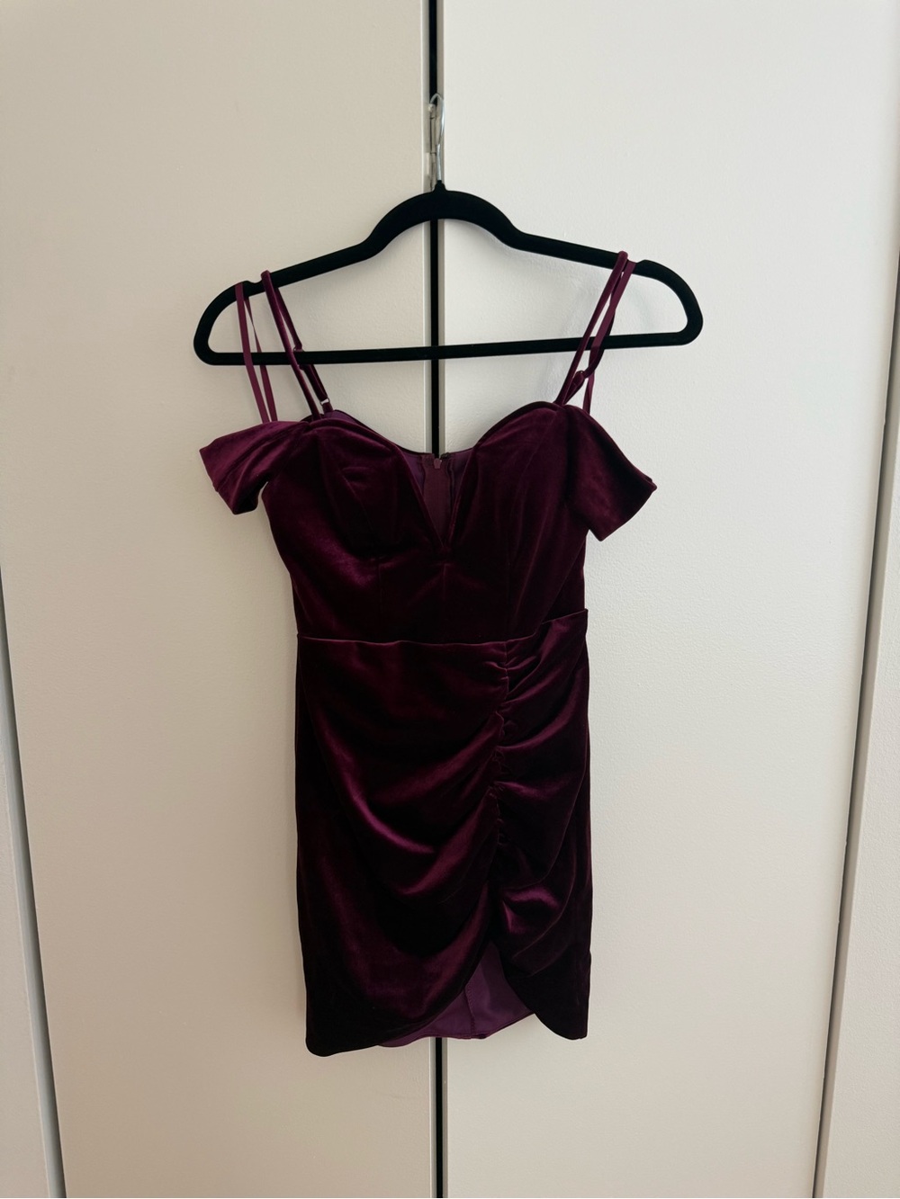 City Studio Velvet Off-Shoulder Mini Dress in Plum